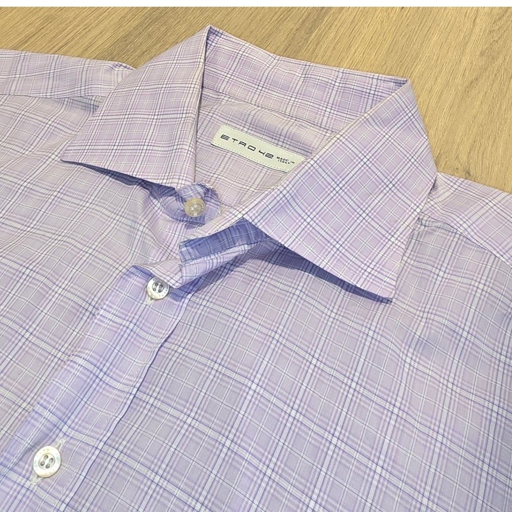 Etro Mens Long Sleeve Button Dress Shirt Spread Collar Plaid 42 Made in Italy
